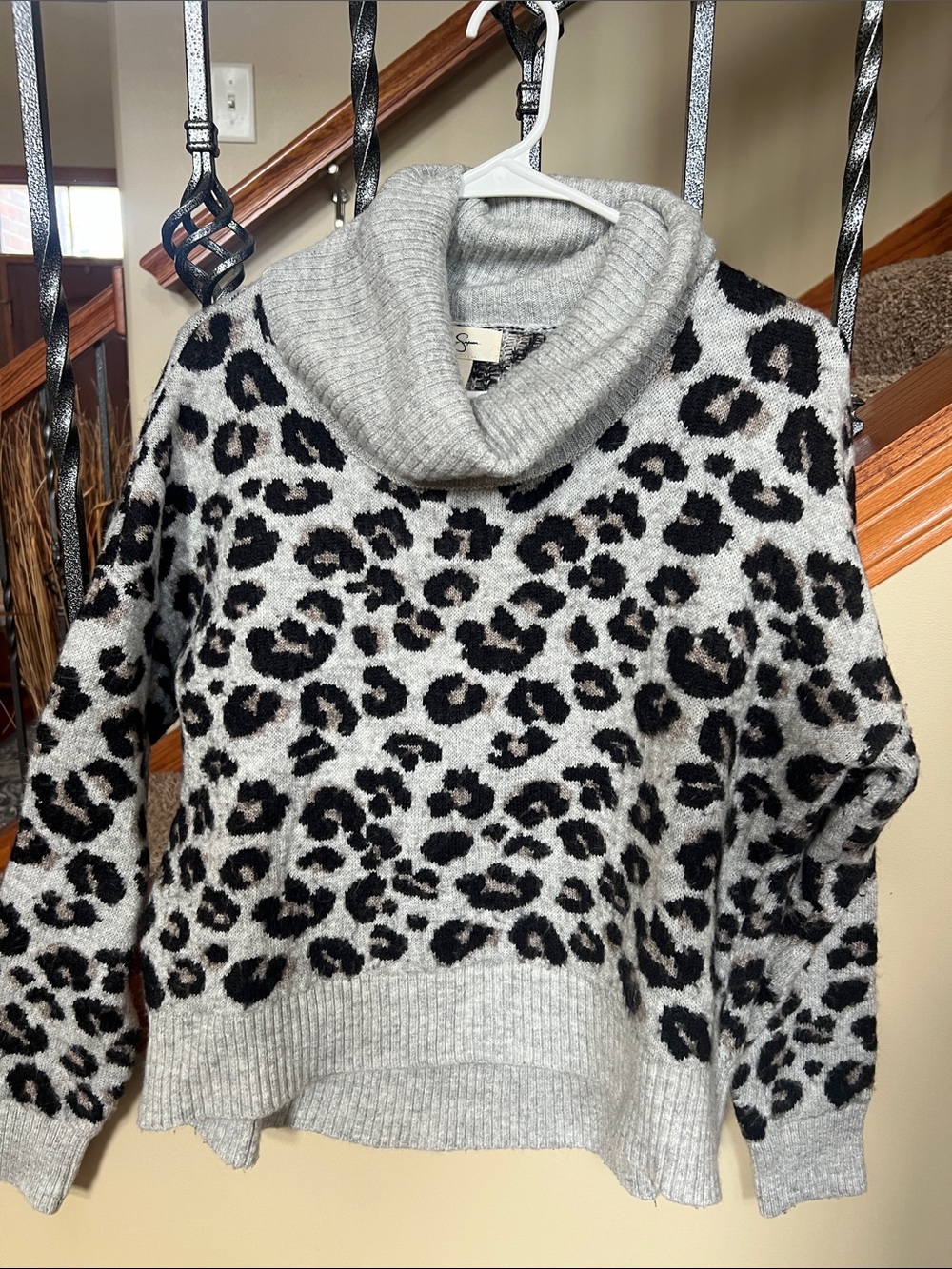 Jessica Simpson Gray & Black Leopard Cowl Neck Sweater